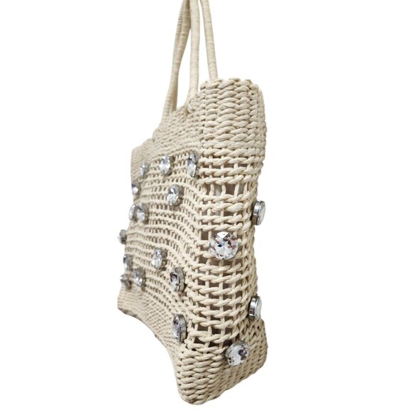 BTB Los Angeles Nancy Tote Straw Bag Crystal Embellished Woven Summer Handbag - Picture 5 of 10